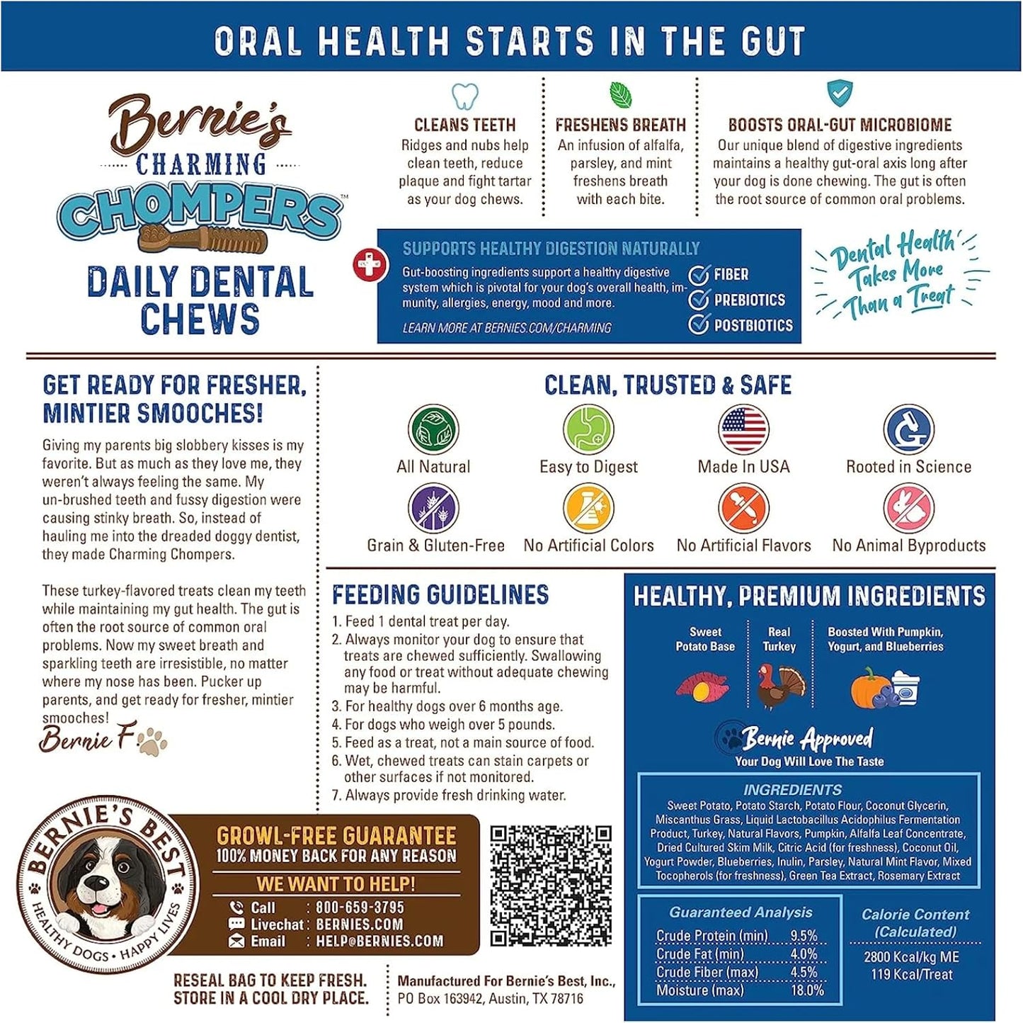 Bernie's Charming Chompers - Daily Dental Chews for Dogs 50-100 Lbs. - 24 Count - Cleans Teeth, Freshens Breath, + Boosts Oral-Gut Microbiome. Easy to Digest, Supports Healthy Digestion Naturally