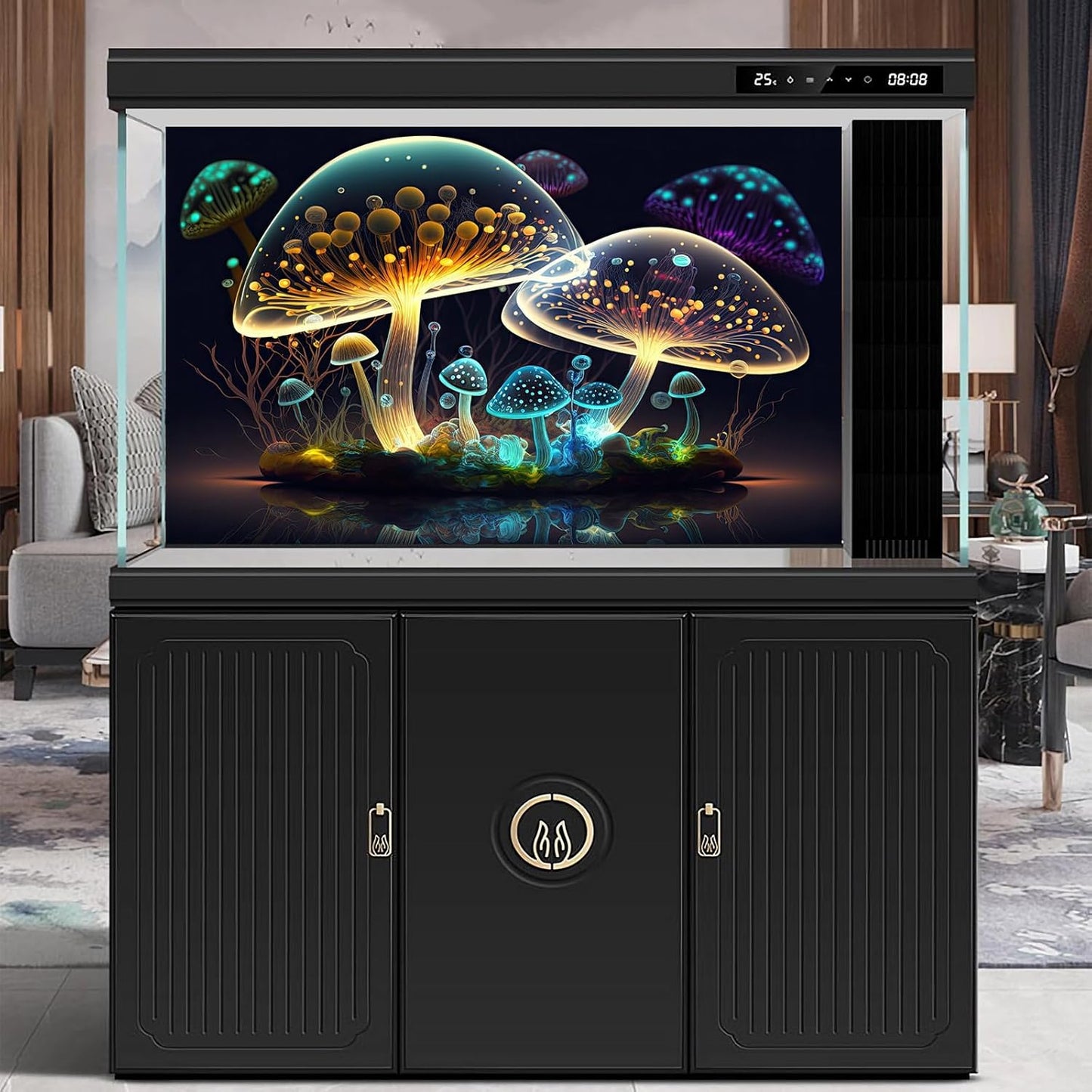 Mushroom Aquarium Background Abstract Glowing Fantasy Mushrooms Terrarium Background Mysterious Forest Magical Night In Circle Shape Crystal Glass Fish Tank Backdrop Decorations Vinyl 36x20in