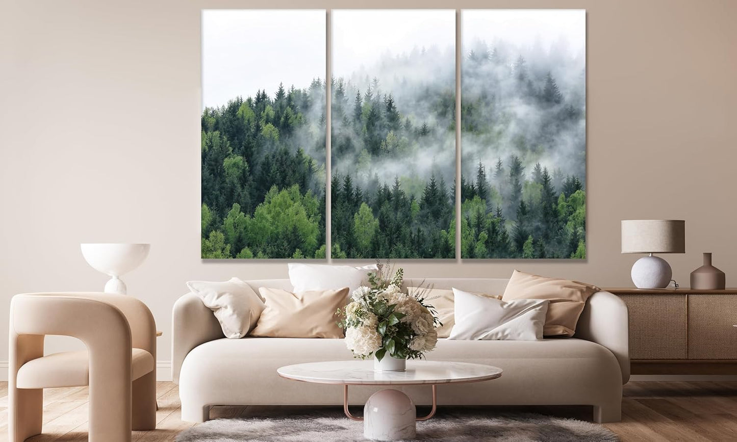 Nature Wall Art Prints - Ocean Forest Mountain Lake Canvas Landscapes - Small to Extra Large Living Room Bedroom Kitchen Bathroom Décor (Pine Trees in Fog, 31L" x 47W" - 3 Panels)