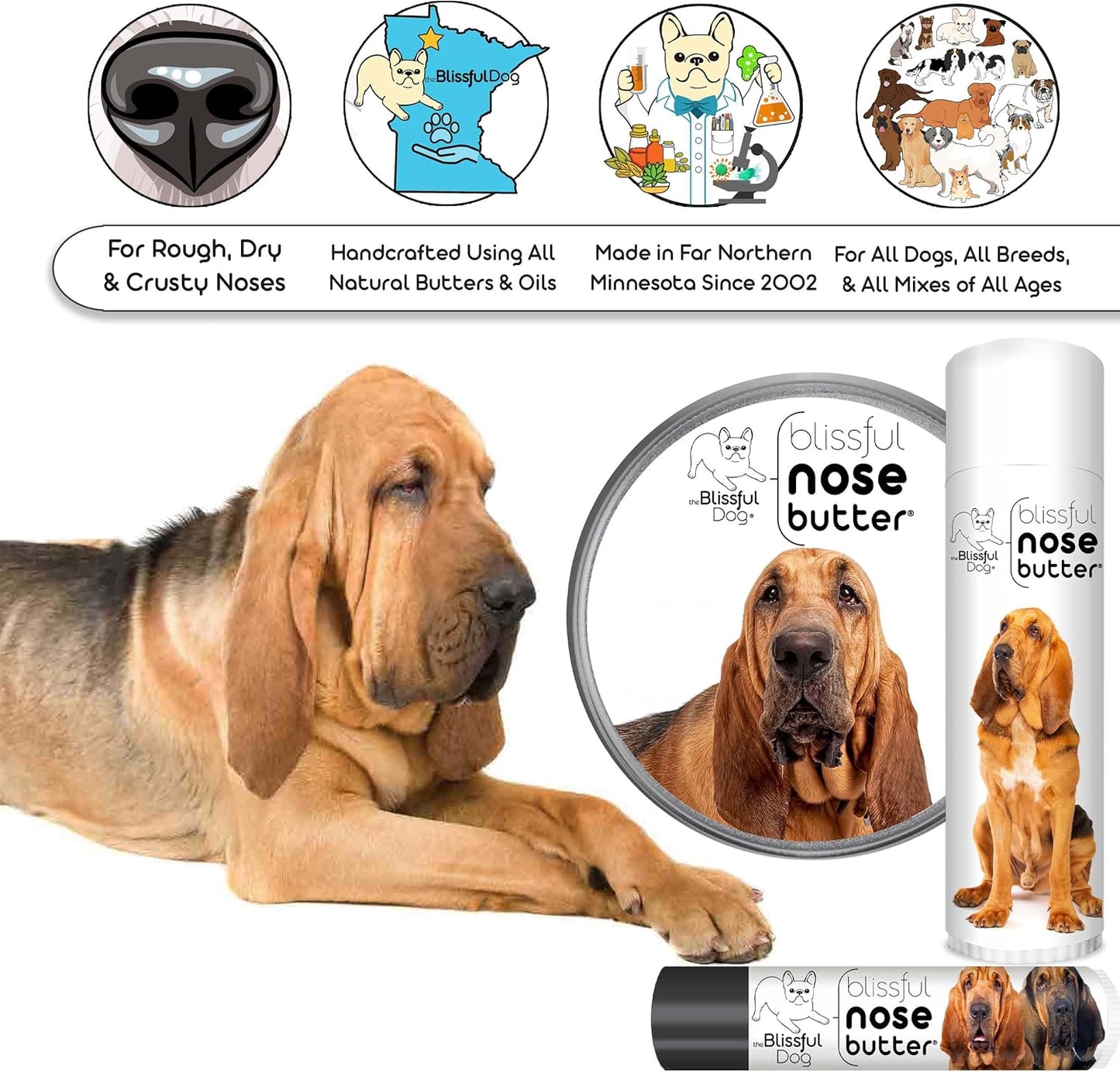 The Blissful Dog Bloodhound Nose Butter for Dry, Cracked Skin, Lick-Safe Dog Nose Balm with Moisturizing Shea Butter, Almond, Olive, and Essential Oils, Pet Supplies, Uncented, 4 oz.