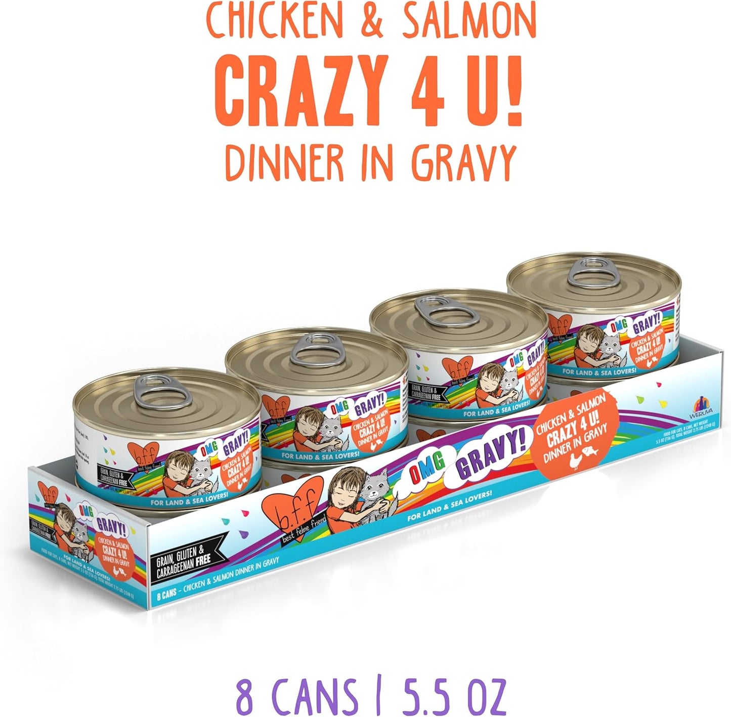 Weruva B.F.F. OMG - Best Feline Friend Oh My Gravy! Grain-Free Wet Cat Food Cans, Crazy 4 U! Chicken & Salmon, 5.5-Ounce Can (Pack of 8)