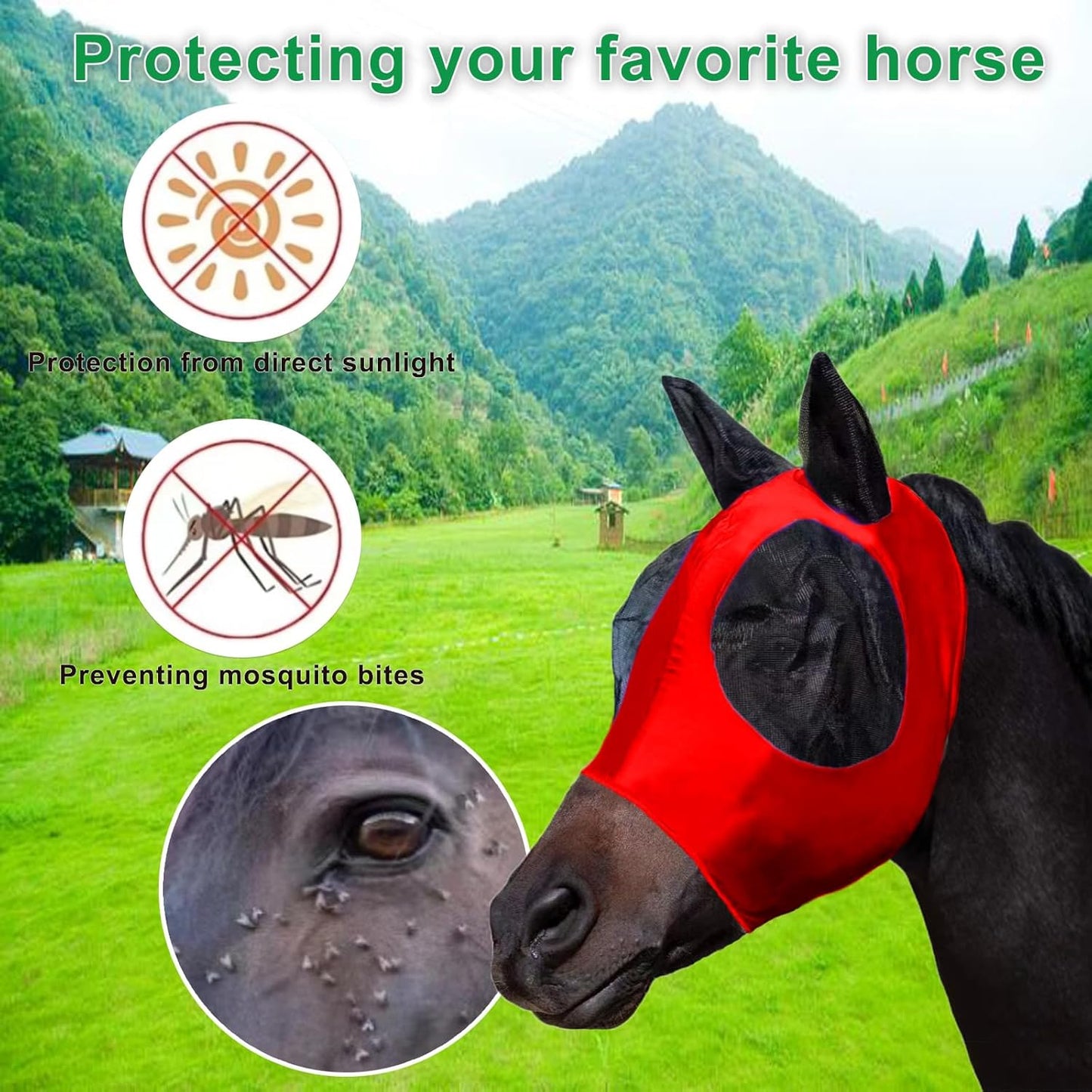 Horse Fly Mask with Ears, Comfortable Fit Stretch Fabric with UV Protection Soft on Skin Breathability for Small/Medium Size Horses (Red)