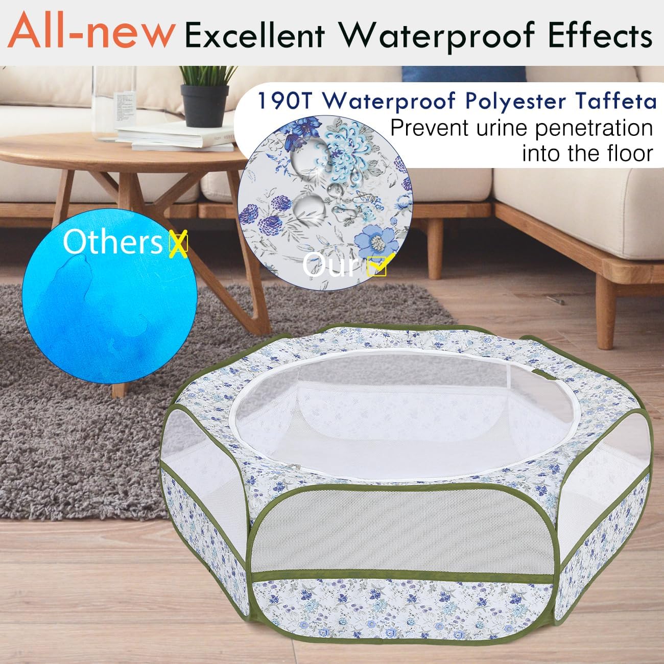 Pawaboo Small Animals Playpen, Waterproof Small Pet Cage Tent with Zippered Cover, Portable Outdoor Yard Fence with 3 Metal Rod for Chick/Kitten/Puppy/Guinea Pig/Rabbits/Hamster, Blue + White Flower