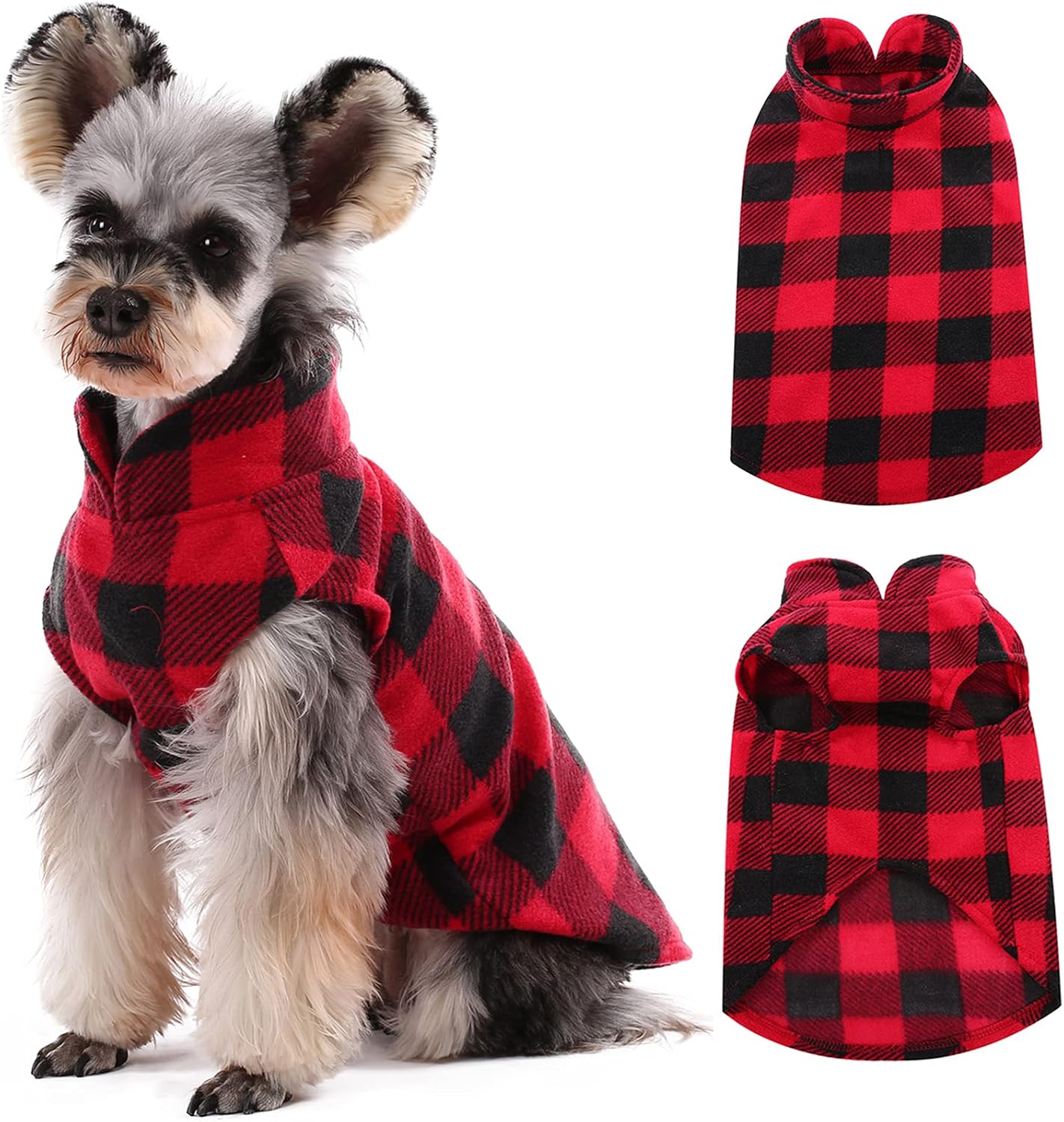 Kuoser Dog Fleece Vest,Warm Plaid Dog Sweater with Leash Hole,Soft Turtleneck Winter Pet Jacket Dogs Coat Pullover Clothes for Small Medium Dogs Cats,Spring Fall Cold Weather Christmas Outfit,Red L