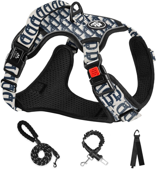 NESTROAD No Pull Dog Harness,Adjustable Oxford Dog Vest Harness with Leash,Reflective No-Choke Pet Harness with Easy Control Soft Handle for Medium Dogs(Medium,Vintage Blue)