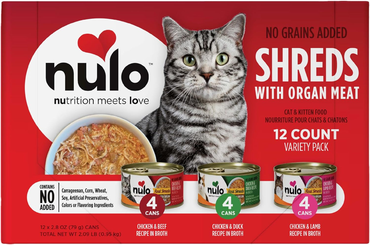 Nulo Real Shreds with Organ Meat Wet Canned Cat Food, Variety Flavors, 2.8 Ounce, 12 Cans