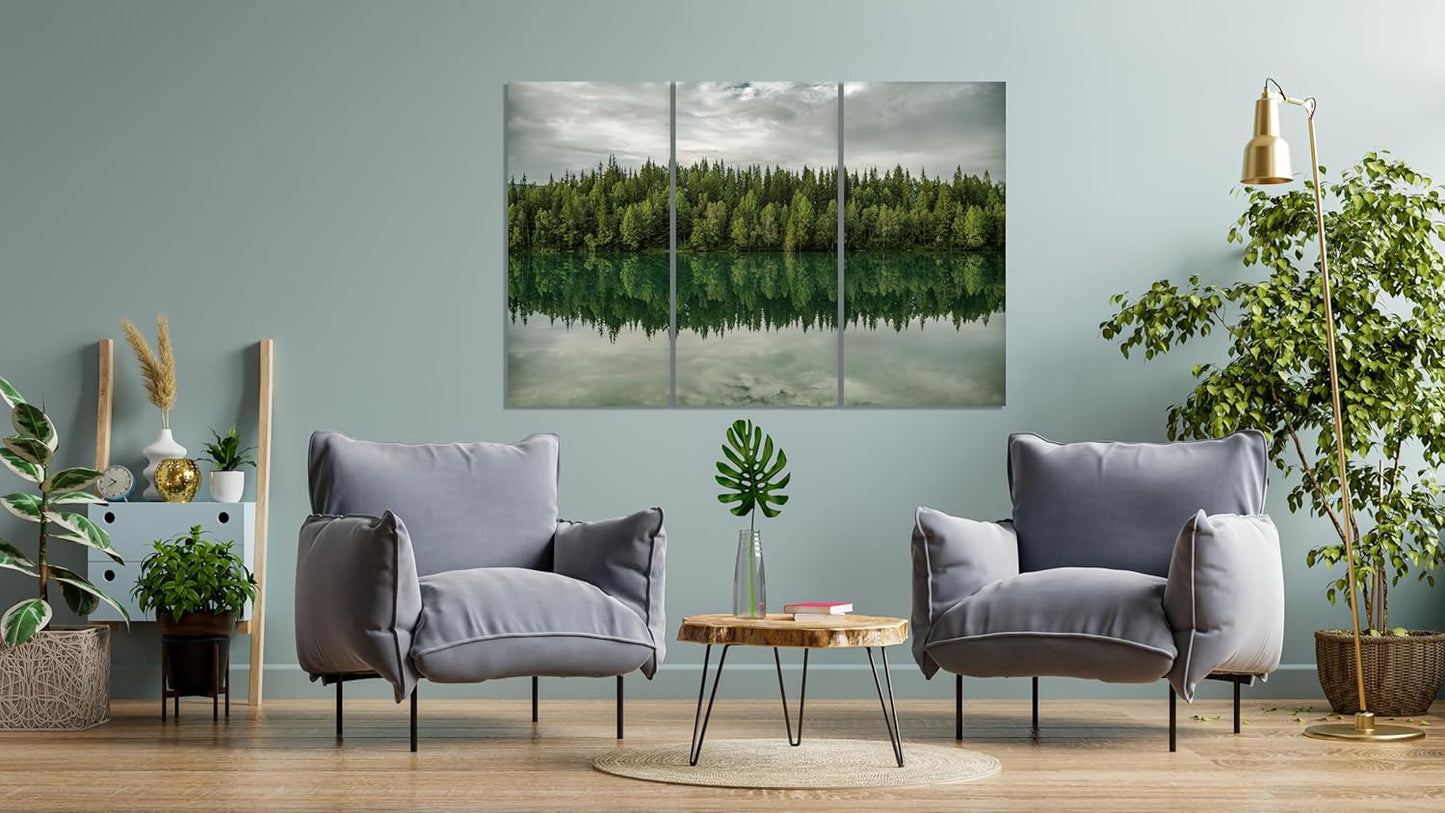 Nature Wall Art Prints - Ocean Forest Mountain Lake Canvas Landscapes - Small to Extra Large Living Room Bedroom Kitchen Bathroom Décor (Forest Reflection, 35L" x 53W" - 3 Panels)