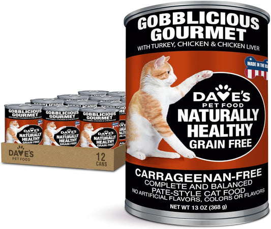 Dave's Pet Food Grain Free Wet Canned Cat Food Pate (Gobblicious Gourmet), Made in USA Naturally Healthy, Added Vitamins & Minerals, 13 oz Cans (12 Pack)