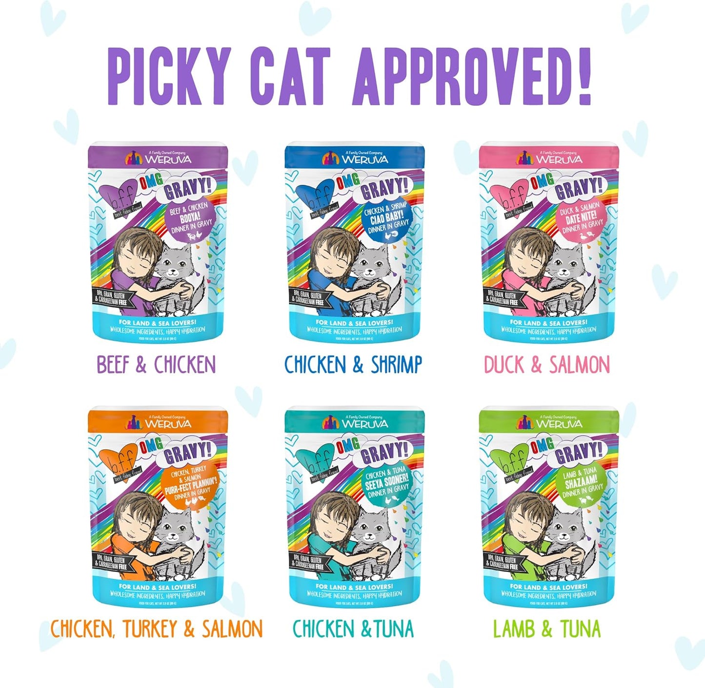 Weruva B.F.F. OMG - Best Feline Friend Oh My Gravy!, Variety Pack, Potluck O' Pouches, Wet Cat Food, 2.8Oz Pouches (Pack of 12)
