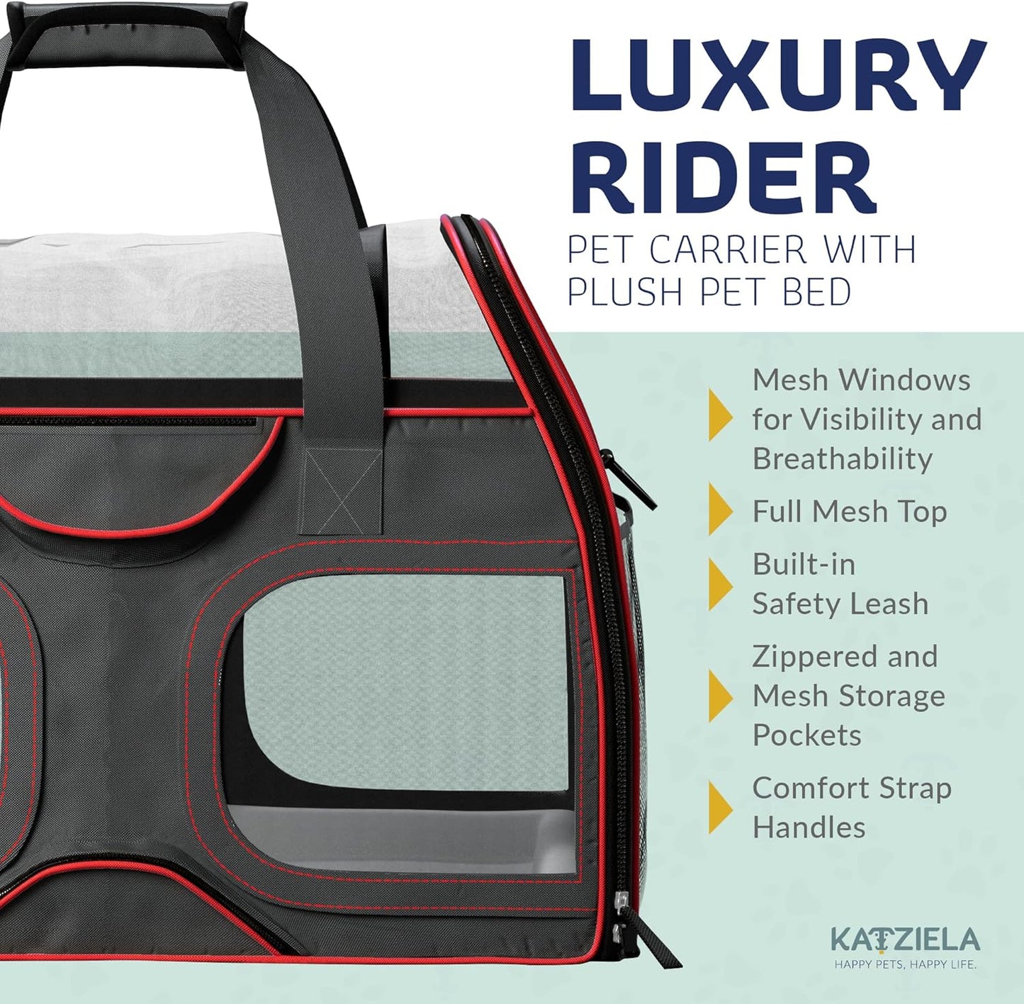 Katziela Pet Carrier - Airline Compliant - TSA Approved Pet Carrier for Small Dogs and Cats - Soft FAA Travel Airplane Dog Carrier Luggage (Black/Red)