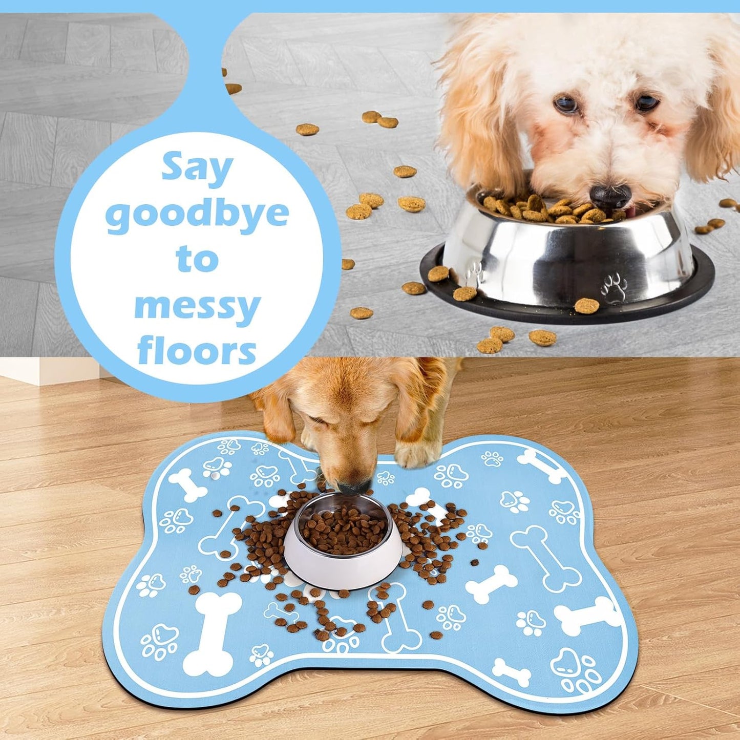 Dog Cat Mat for Food and Water,Rapid Absorbent Pet Feeding Mat, Bone Shaped Dog Placemat Bowl Mat with Rubber Backing,No Stains Pet Food Mats Indoor, Pet Accessories Supplies,Blue 16"×24"
