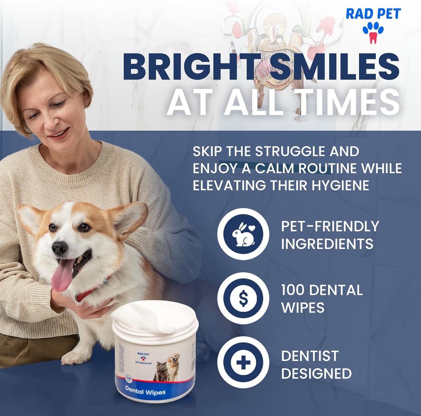 Rad Health Dog Dental Wipes - 100ct Pet Dental Finger Wipes, Easy No-Brush Teeth Cleaning, Removes Plaque & Tartar, Boosts Oral Hygiene, Freshens Breath, Gentle on Mouth, Strong on Build-Up