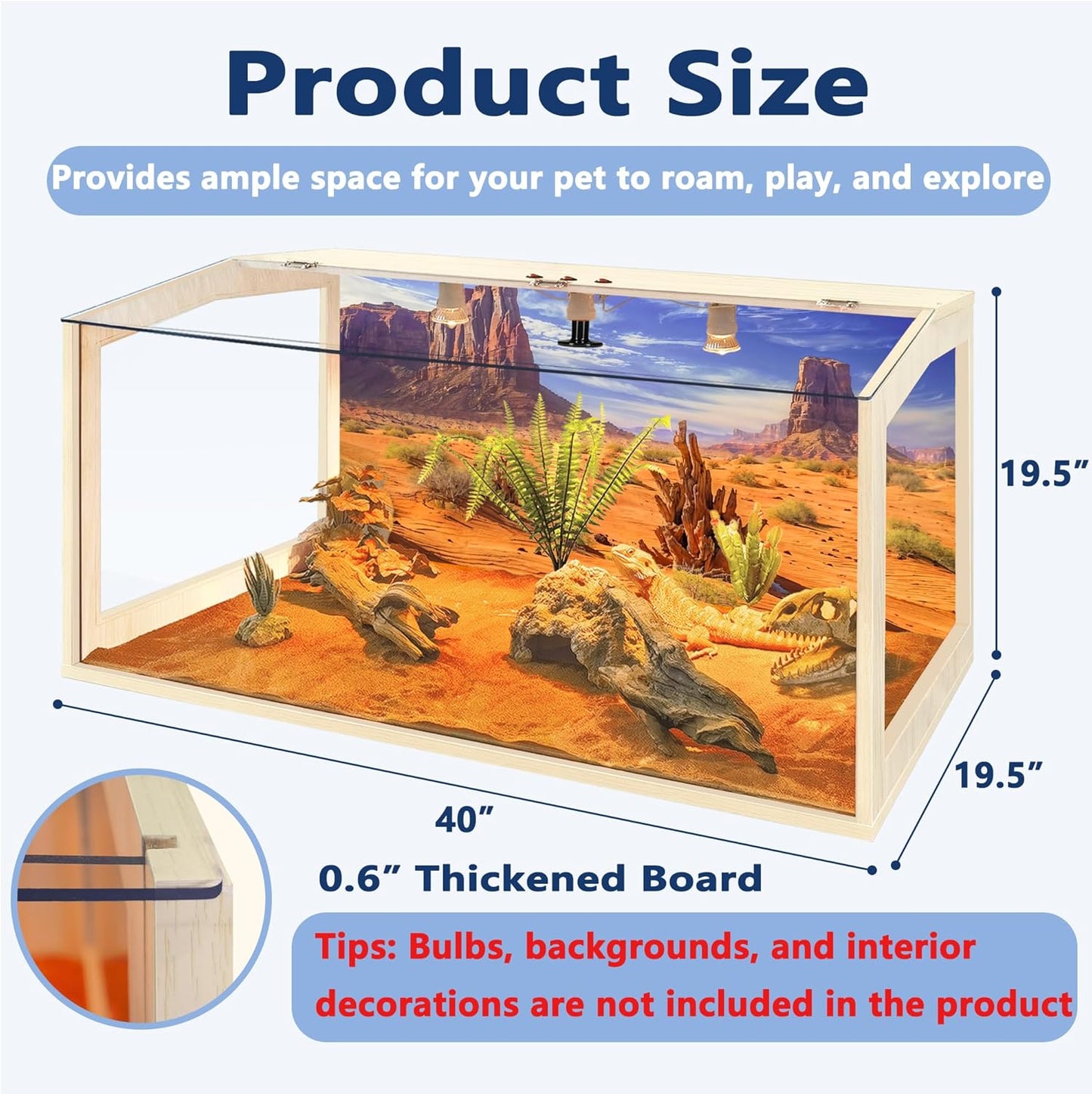 Prolee 65 Gallon Reptile Terrarium Tank Large 40" x 16" x 16", Bearded Dragon Tank with Roof Door, Snake Tank with Built-in Lamp Fixture and Switch, Side Windows, 40 Inch