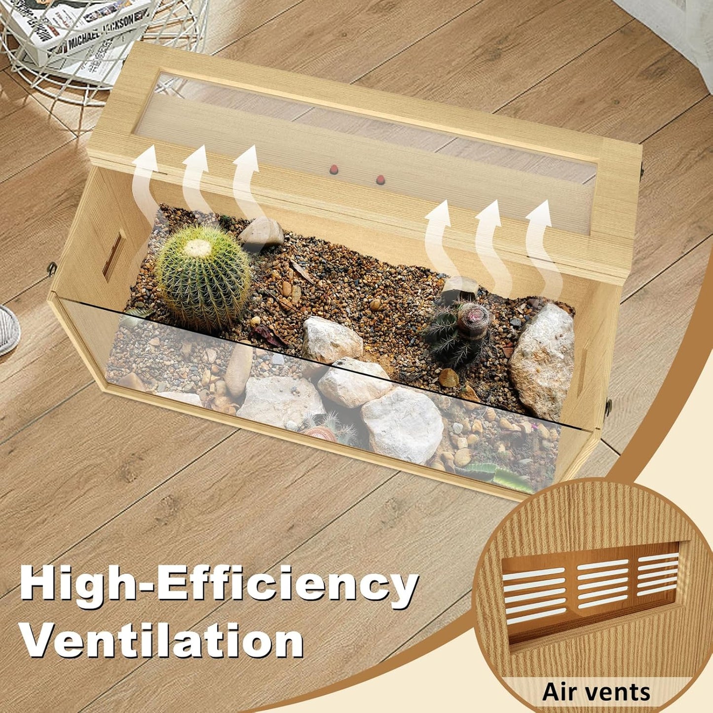 34 Gallon Bearded Dragon Tank, Lockable Reptile Terrarium Tank, Large Snake Enclosure, Lizard, Leopard Gecko Tank with Openable Roof Door, (Wooden, 32" L x 16" W x 16" H)