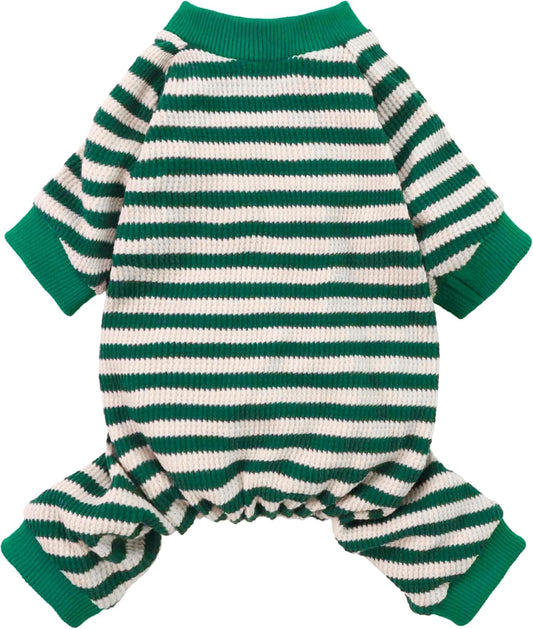 Fitwarm Green and White Striped Dog Pajamas, Waffle Dog Clothes for Small Dogs Girl Boy, Puppy Onesie with Feet, Pet Cat Outfit, Small
