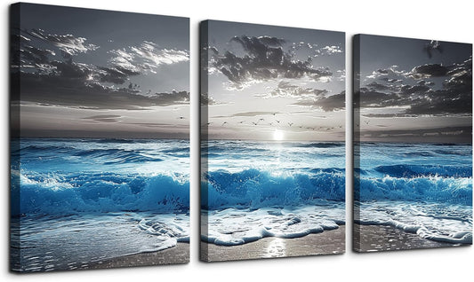 TTHYUEWS Black And White Beach Pictures Large Wall Decor For Living Room Canvas Wall Art For Bedroom Modern Office Decorations Blue Sea Wave Ocean Paintings Artworks Canvas Art Home Decor 3 Pieces