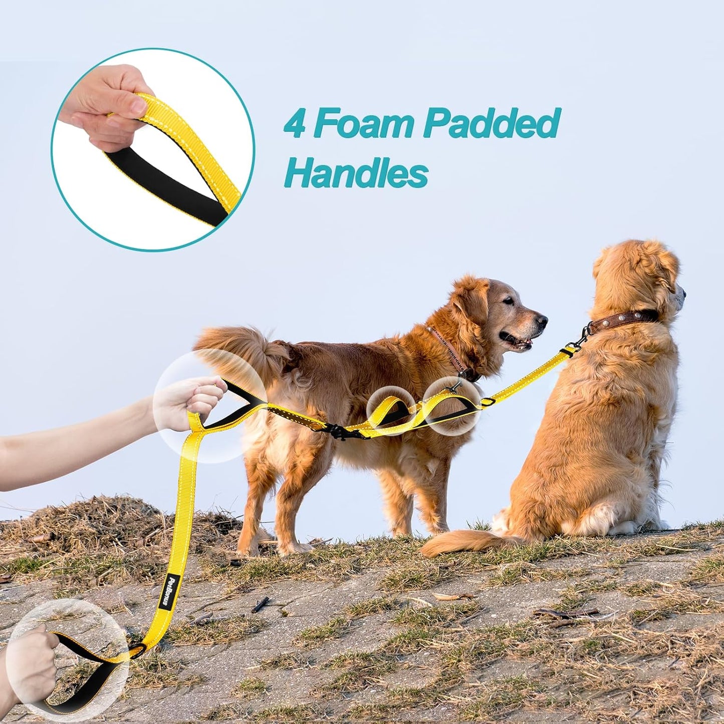 PetBonus Double Dog Leash, No Tangle Dual Leash, Reflective Walking Training Lead, 4 Comfortable Padded Handles for 2 Dogs with Collapsible Bowl and Waste Bags (Yellow, Large)