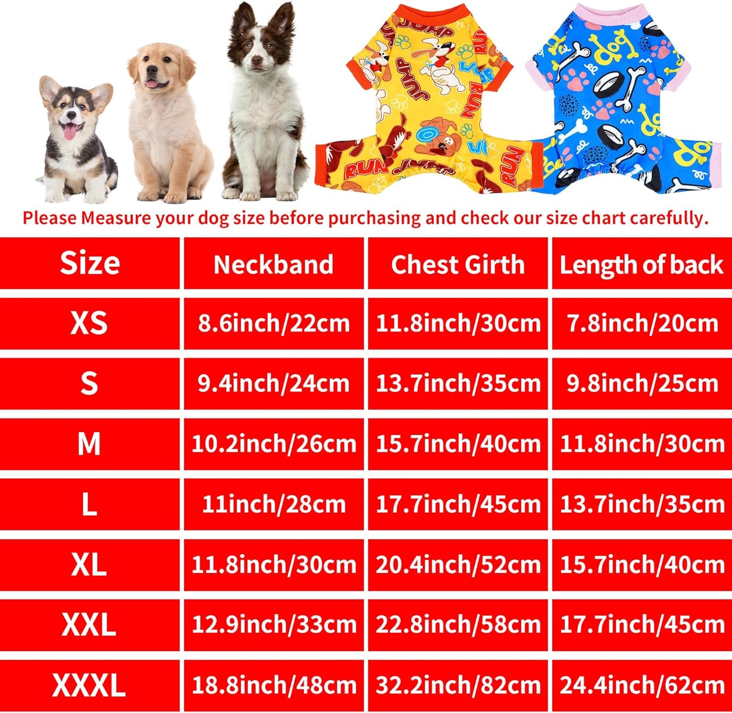 2PCS Dog Pajamas for Large Sized Dog Pjs Clothes Puppy Onesies Outfits Pet Jammies Boy Girl Male Female Apparel Lightweight Stretch Paw Bone Blue Yellow Print L