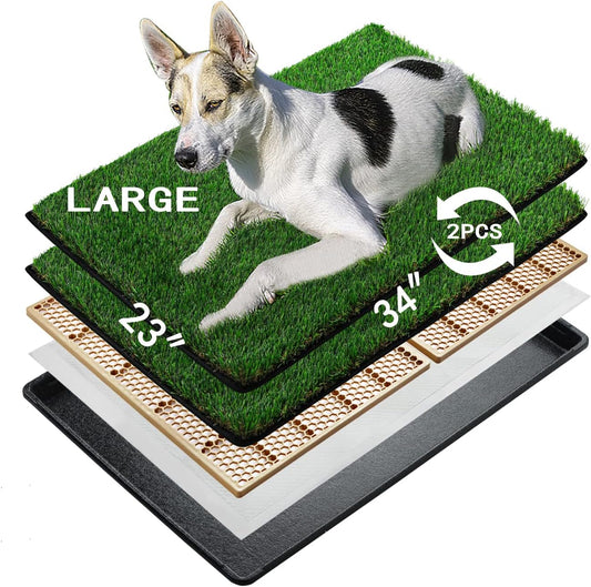 MEEXPAWS Dog Grass Pee Pads for Dogs with Tray | Large 34×23 in | 2× Dog Artificial Grass Pads Replacement| Rapid Drainage | Indoor Litter Box | Hemmed Edge