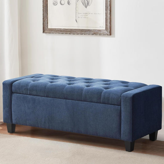 Ottoman with Storage, 48.8" Fabric Storage Ottoman Bench with Hinge, Bedroom Bench, Upholstered Benches with Seating for Living Room, Entryway (Dark Blue)