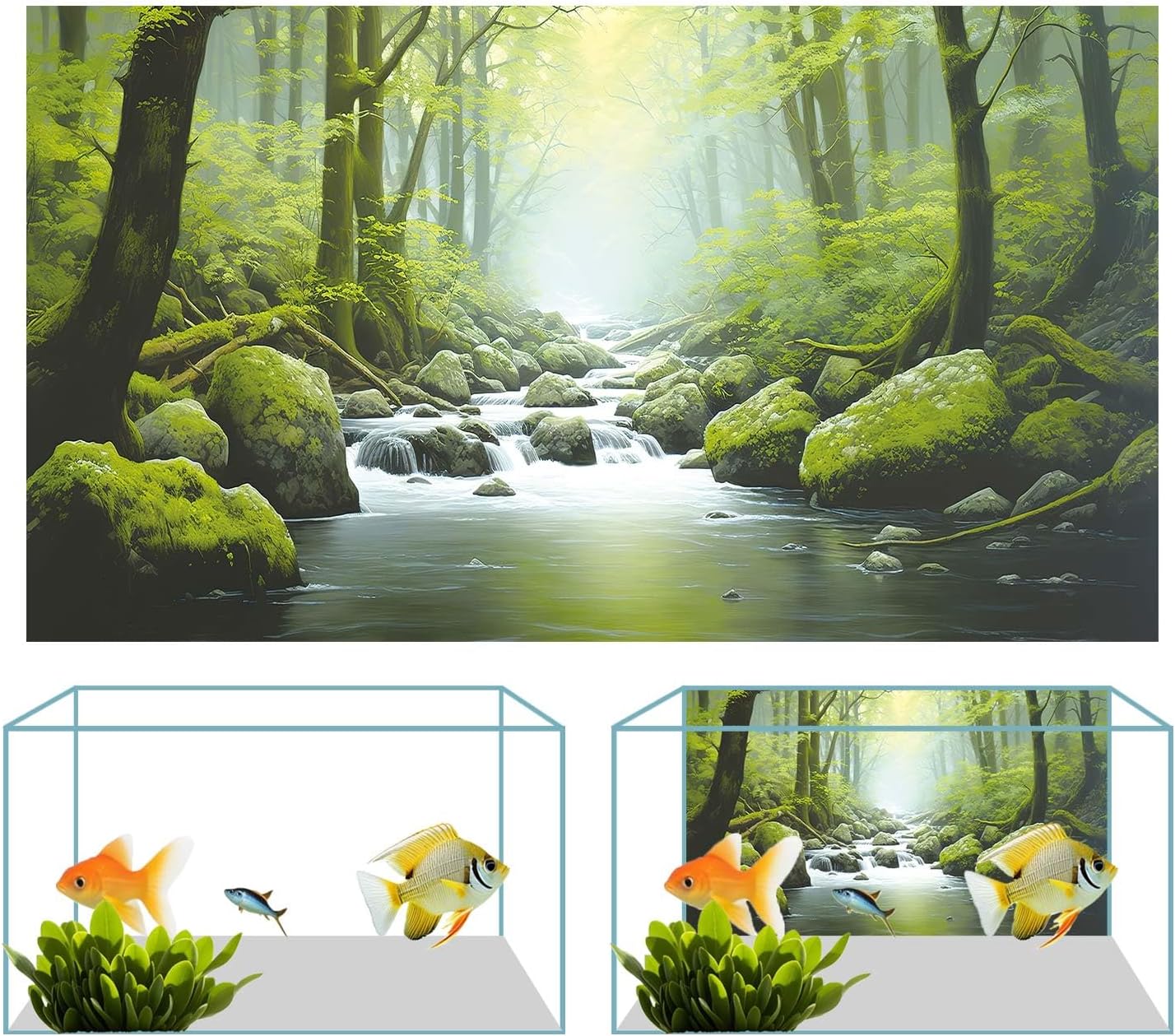 72X16IN Tropical Forest Terrarium Background, Natural Green Forest Tree Reptile Habitat Background, Misty Rainforest Aquarium Background, with 8 EVA Double-Sided Tape