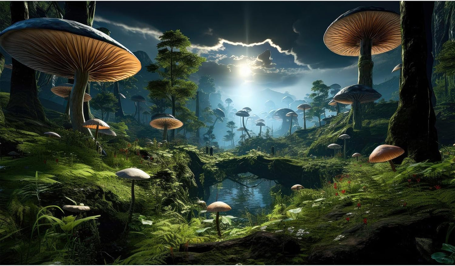 Fantasy Mushrooms Landscape Aquarium Background Tranquil Stream Cloudy Sky Terrarium Background Lush Green Tropical Plants Trees Fish Tank Backdrop Decoration Tank Background Poster 48x24in