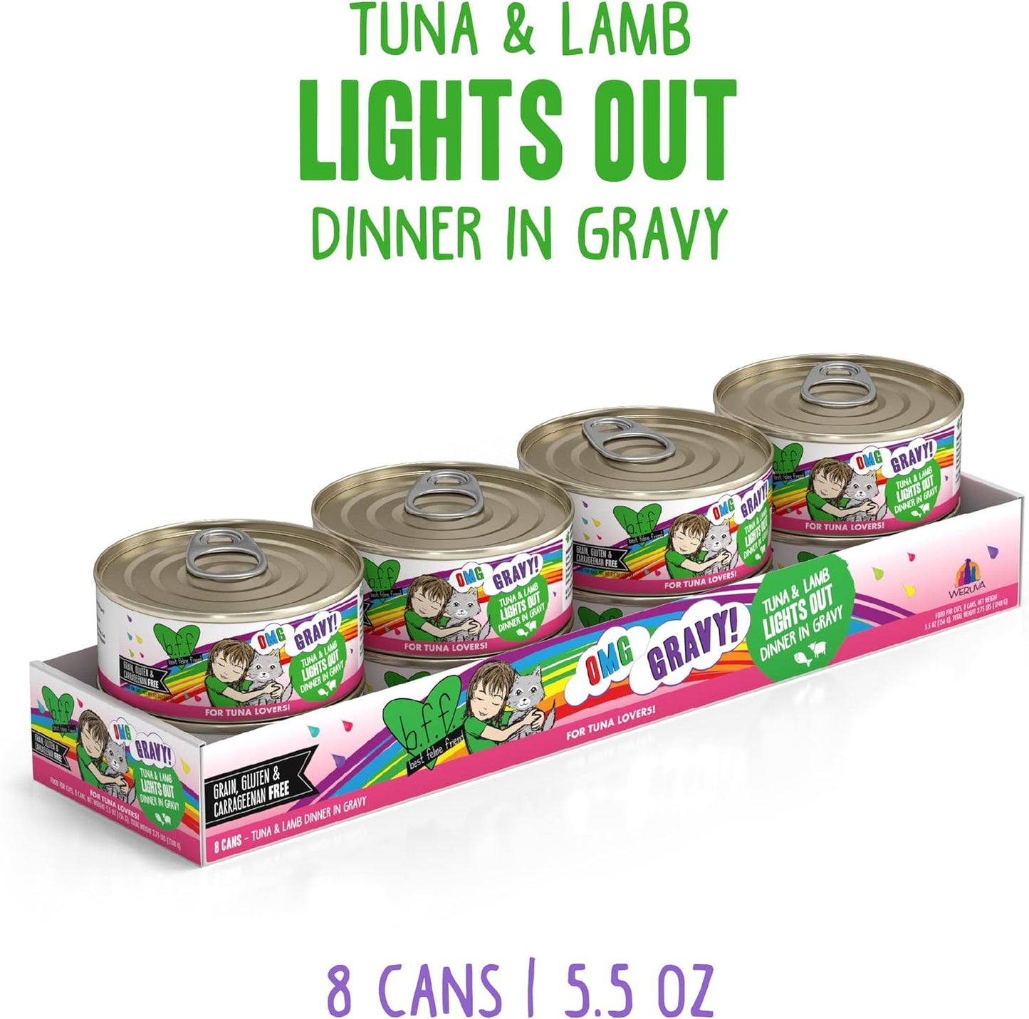 B.F.F. OMG - Best Feline Friend Oh My Gravy!, Tuna & Lamb Lights Out with Tuna & Lamb, 5.5oz Can (Pack of 8)