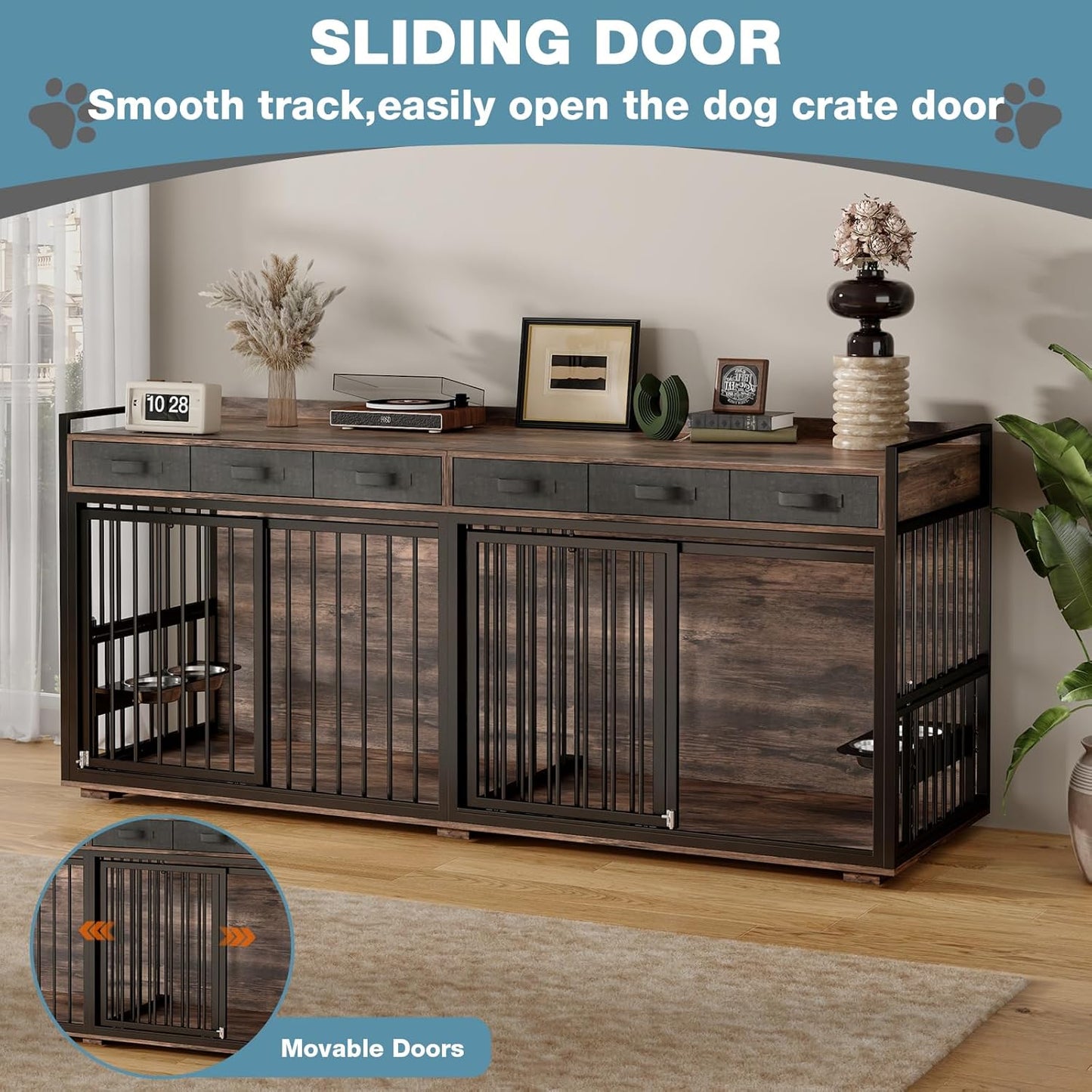 86.6Inch Large Double Dog Crate Furniture,Heavy Duty Metal Frame Dog Crate Kennel with Adjustable Feeder Bowls and Removable Divider&Drawers,Chew-Resistant Dog Kennel for 2 Dogs Indoor