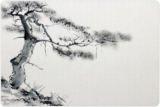 Lunarable Asian Pet Mat for Food and Water, Lone Pine on Mountain Slope Art Traditional Chinese Painting Style Oriental Culture, Rectangle Non-Slip Rubber Mat for Dogs and Cats, Grey White