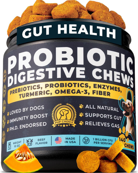 Probiotics for Dogs - PhD Endorsed Digestive Enzymes - Gut Health, Diarrhea & Bowel Support - Dog Treats with Turmeric, Omega-3 & Fiber - Immune Soft 140 Chews - Beef Flavor - Made in USA