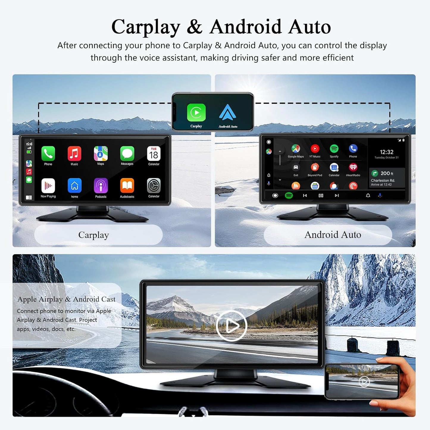RV Backup Camera with Carplay Android Auto for RV Horse Trailer Semi Box Truck,1080P HD 4 Splits 10.36" Touch Monitor Rear/Side Backup Cameras with Mirror Link FM Waterproof Night Vision DVR Recording
