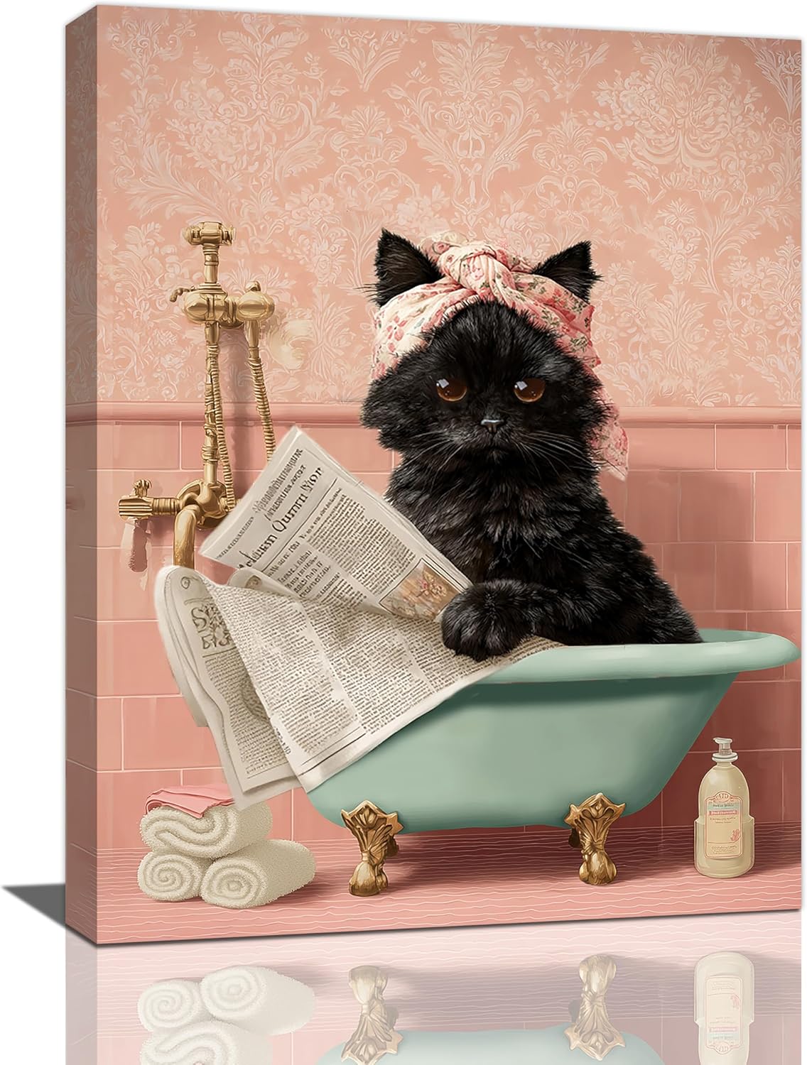 Cat Bathroom Wall Decor Black Cat Reading Newspaper in Bathtub Canvas Wall Art Funny Bathroom Pictures Kitten Painting Print Pink Artwork Framed Decorations Gifts 12"x16"