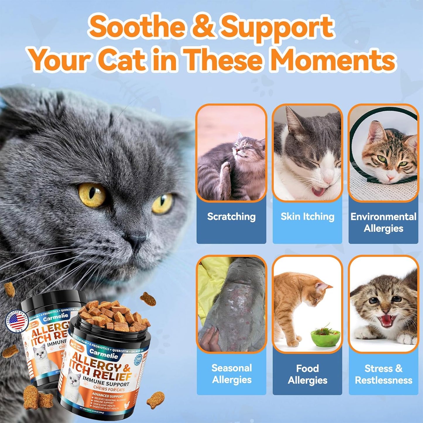 Cat Allergy Relief Chews 200 pcs - Cat Itchy Skin & Paw Licking Relief - Omega 3 & Probiotic for Cats - Anti-Itch Relief for Skin & Coat Health, Immune Support, Seasonal Allergies - Chicken Flavor