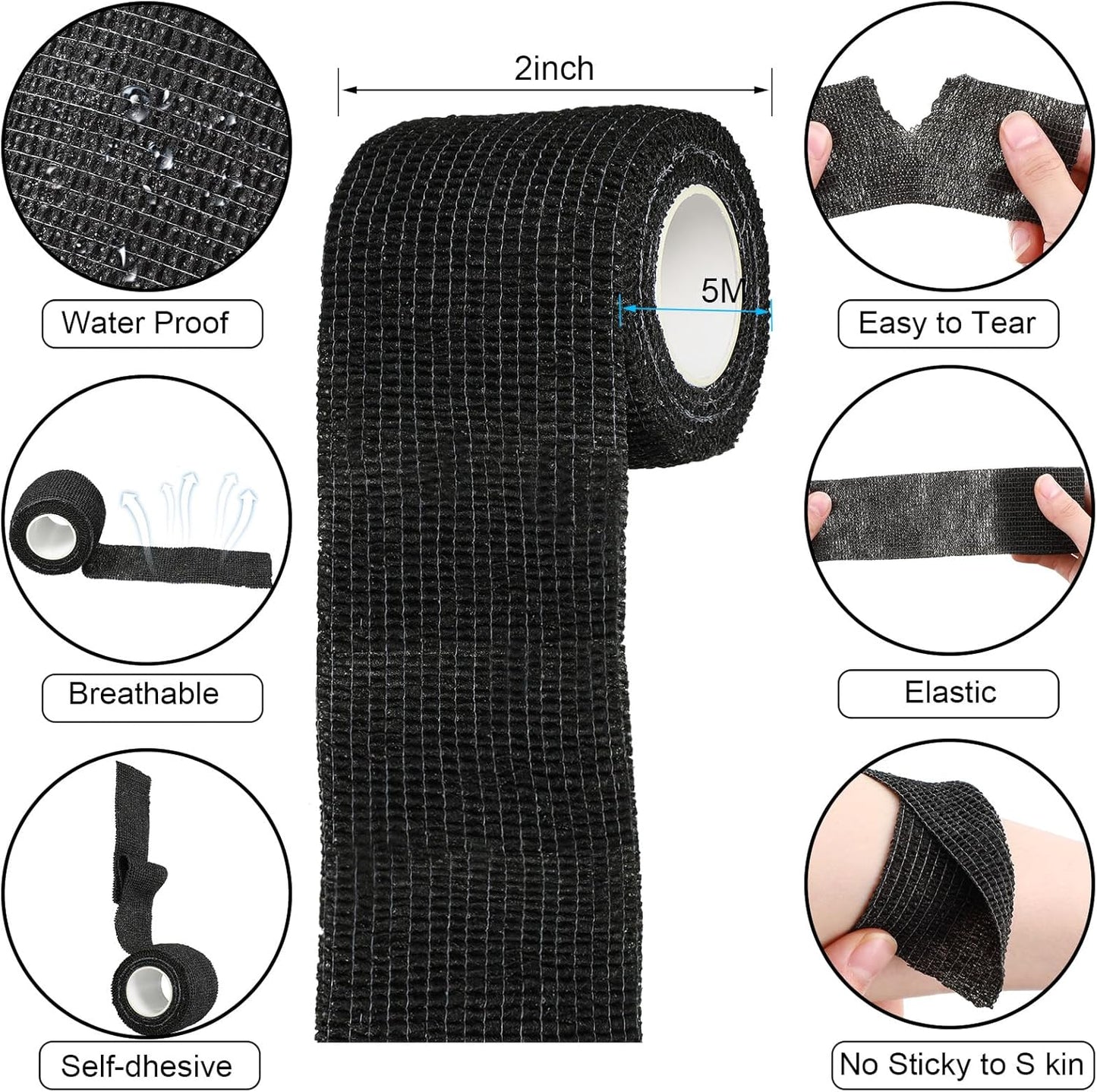 Treela 36 Pcs Self Adherent Bandage 2" X 5 Yard Wrap Breathable Cohesive Bandage Elastic Adhesive Tape for Stretch Athletic Sports Wrist Ankle(Black)