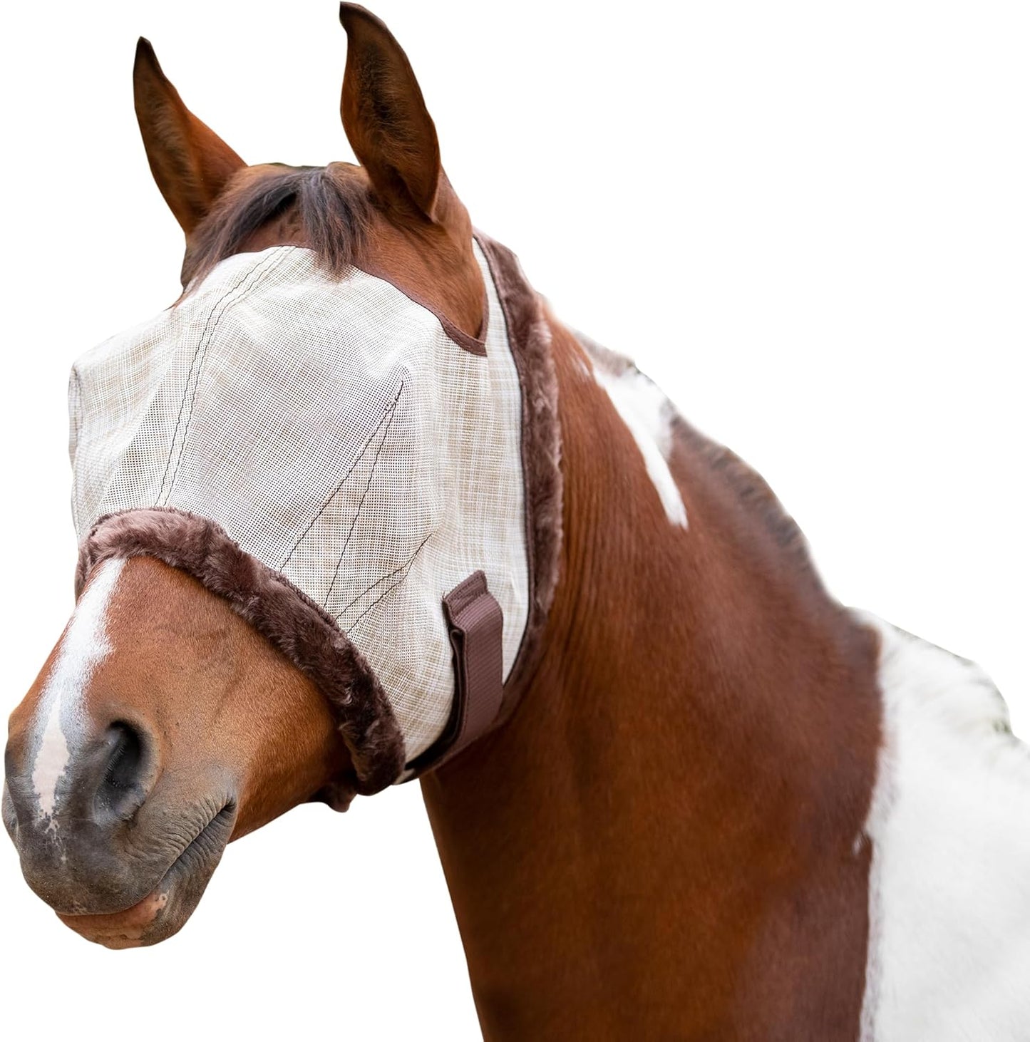 Kensington Fly Mask with Fleece Trim for Horses — Protects Face and Eyes from Flies and Sun Rays While Allowing Full Visibility — Breathable and Non Heat Transferring, X-Large, Tan