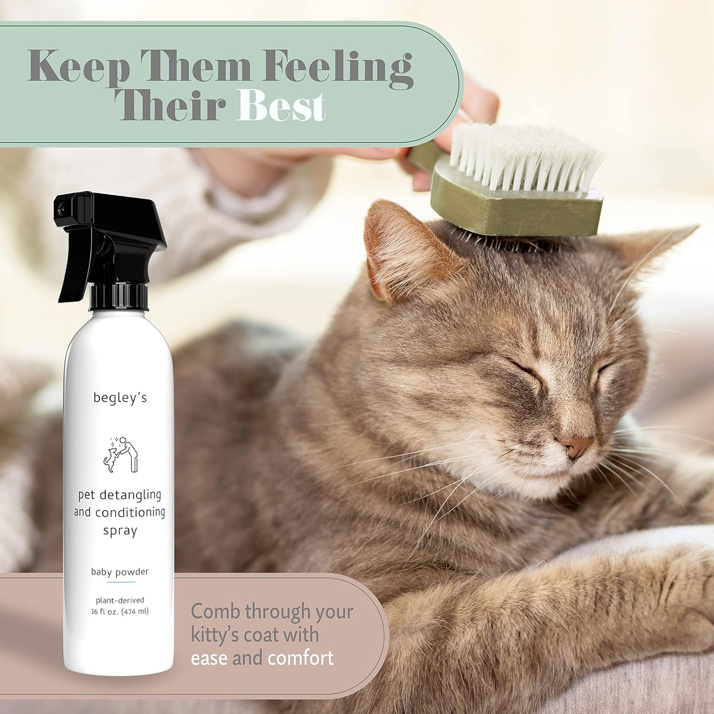 Begley's Pet Detangling Spray - Premium Essential Oil Scented Detangler Spray for Dogs, Puppies & Cats - Dog Leave in Conditioner Spray - Dematting Spray for Dogs & Pets - 16 oz, Baby Powder