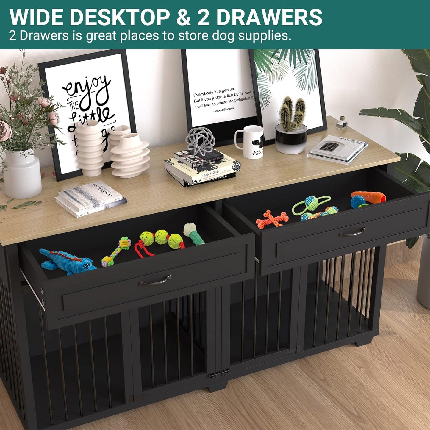 Large Dog Crate with Double Rooms, 72" Heavy Duty Wooden Dog Cage Furniutre Dog Crate Kennel w/Drawers & Removable Divider,Indoor Luxury Dog House for Large Dogs,Black