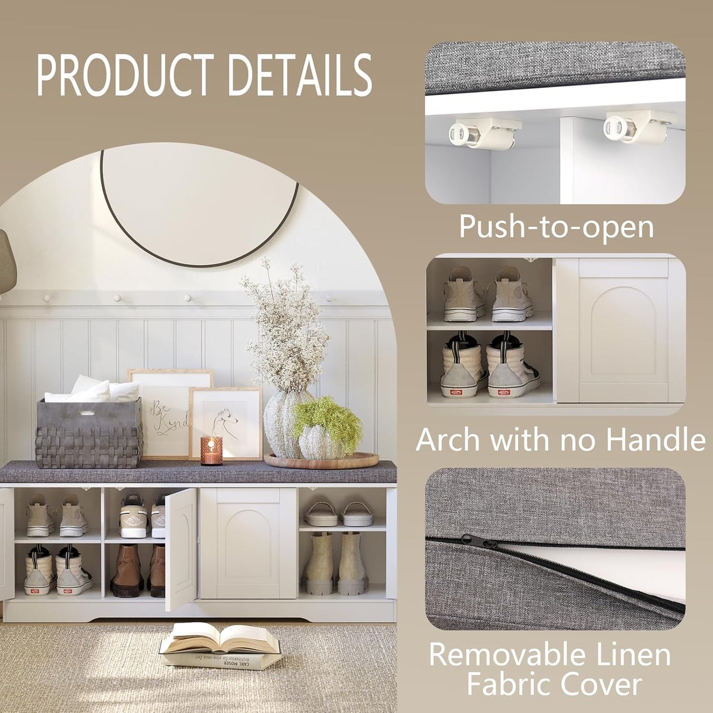 DINZI LVJ Shoe Bench, Entryway Storage Bench with Doors, Cushion, 2-Tier Shoe Rack with 8-Cubby, 47.2”L x 13.8”W Shoe Organizer Cabinet, Adjustable Shelf, Living Room, Bedroom, White