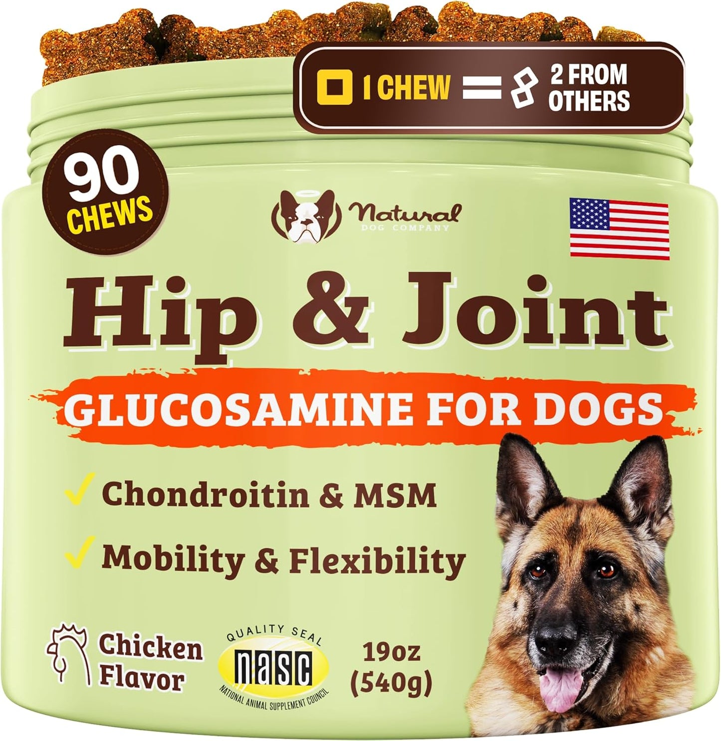 Natural Dog Company Hip & Joint Chews, Chicken Liver & Turmeric Flavor, with Glucosamine Chondroitin for Dogs, Maintains Bone and Joint Health, Supplements for Seniors and Puppies, 90 Count