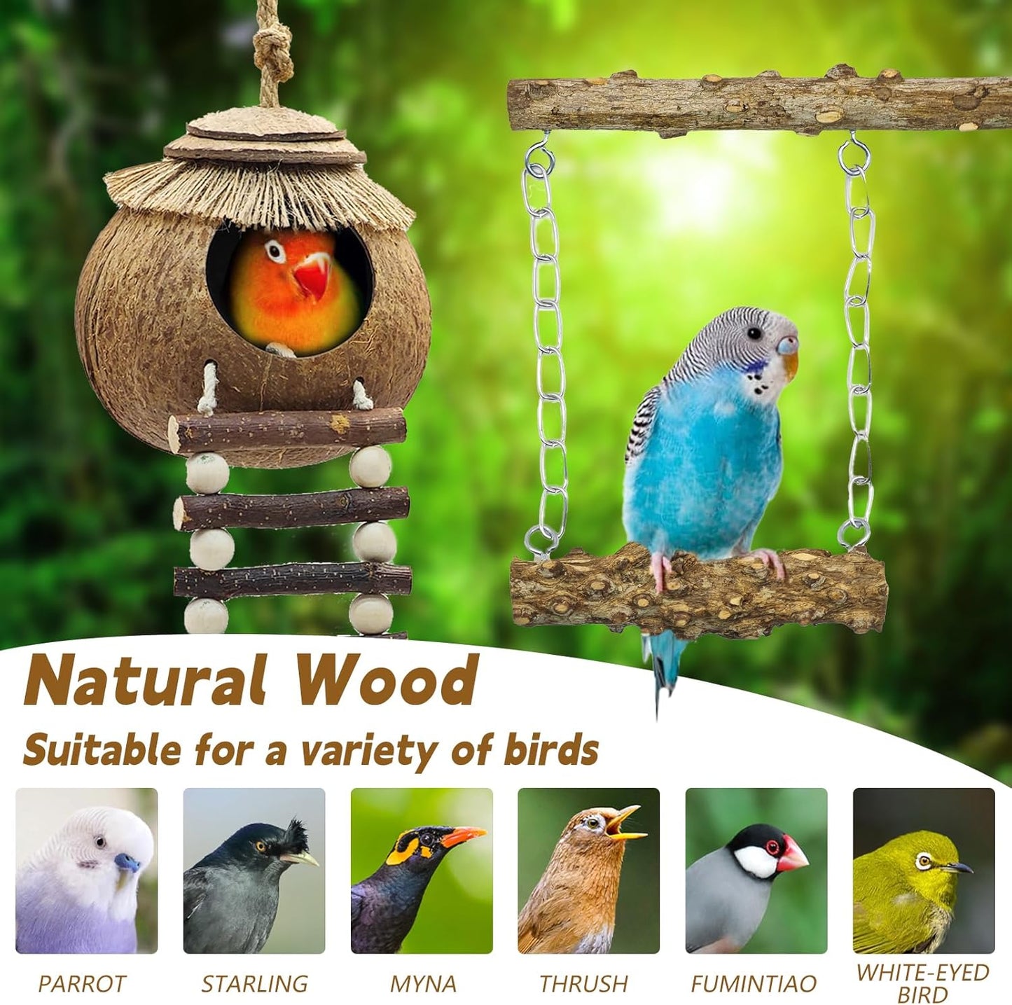 7PCS Bird Perches, Coconut Nest Hut with Ladder, Bird Swing and Stand for Small and Medium-Sized Parakeets, Conures and Budgies, Parrot Cockatiels Budgie Conure Finches Lovebirds