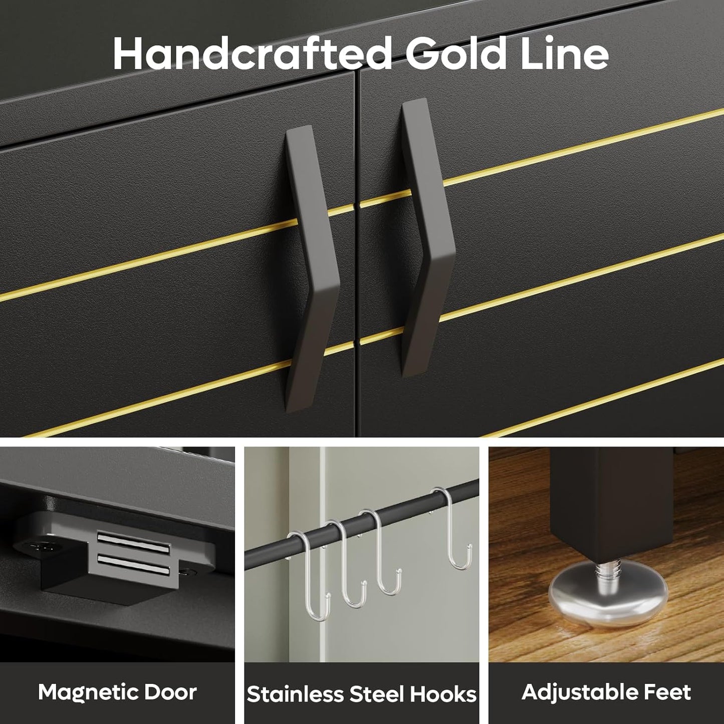 Bestier 20-29 Gallon Fish Tank Stand with Power Outlets, Metal Long Aquarium Stand with Storage Cabinet, 31x15 Reptile Terrarium Stand with Horizontal Gold Line, Stainless Hooks, 350 Lbs(Black)