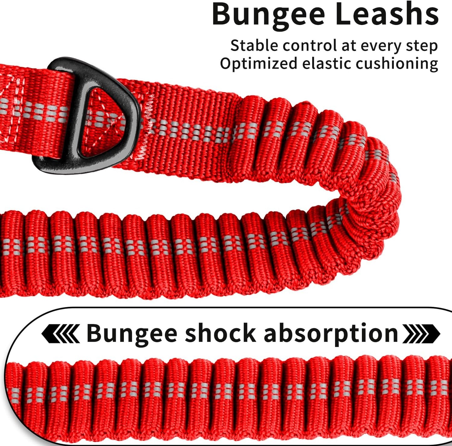 Heavy Duty Bungee Dog Leashes, 4-6FT Shock Absorbing Tactical Dog Leash with 2 Padded Handles, Metal Carabiner Clip, No Pull Reflective Dog Leash for Medium Large Dogs (Red)