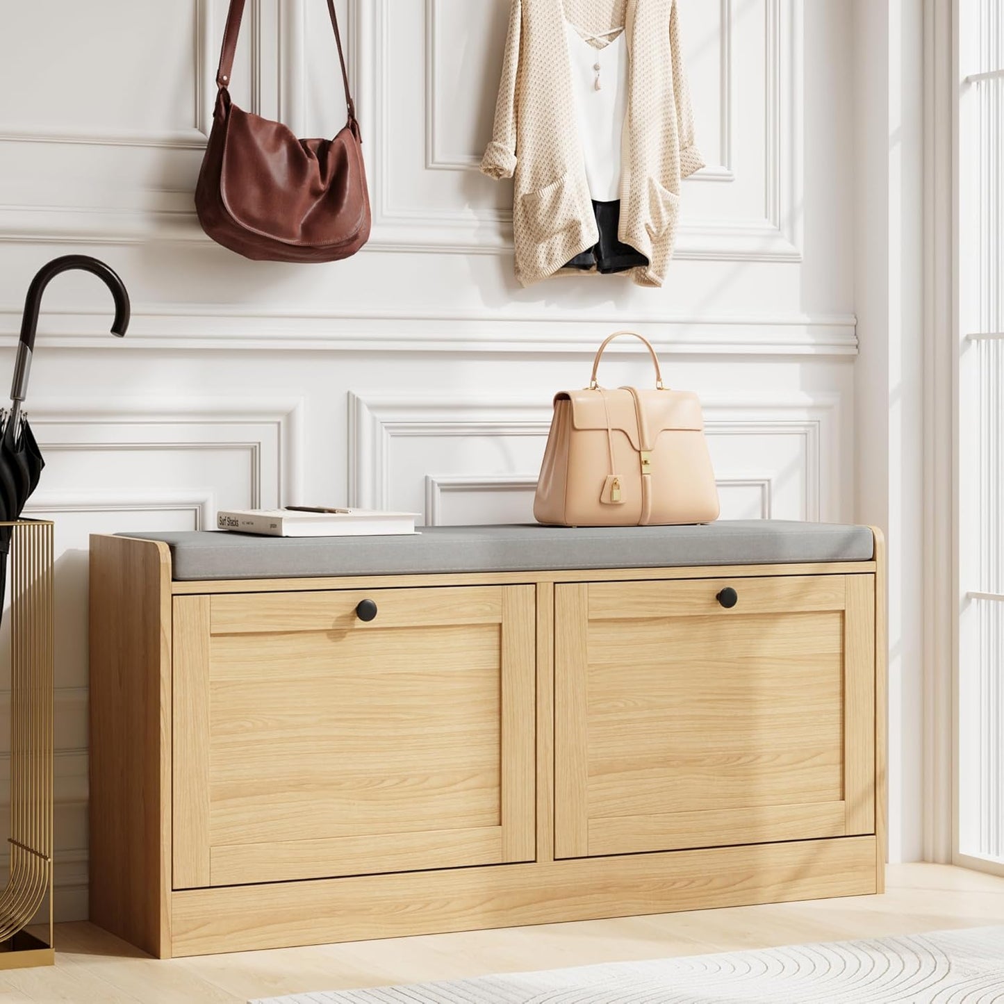 MHOM Oak Modern Entryway Bench with 2 Flip Drawers, Shoe Rack with Padded Seat Cushion, Wooden Storage Bench for Bedroom and Apartment