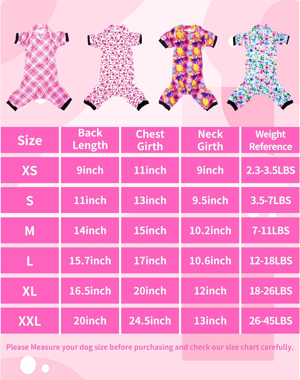 PET SHOW 4 Pack Small Dog Pajamas Cute Paw Bone Clothes for Medium Dogs Soft Stretchy PJs Plaid Jumpsuit Puppy Cats Floral Fruits Onesies Outfits with Sleeve Pets Dachshund Costume(L, Pink for Girls)