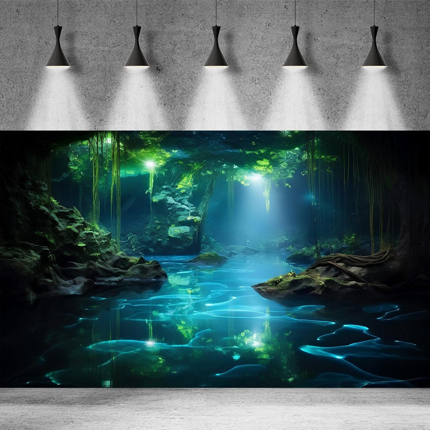 Cave Aquarium Background Underwater Cave with Light Beam Tranquil Stream Terrarium Background Mysterious Elegant Fantasy Tropical Plants Fish Tank Backdrop Wallpaper Poster Decorations Vinyl 72x16in