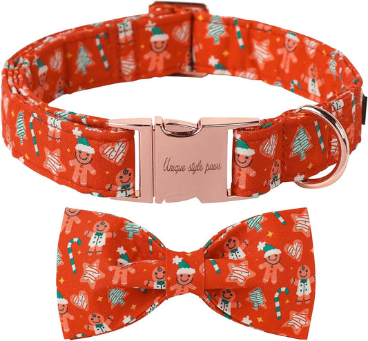 Unique Style Paws Christmas Day Dog Collar with Bow Red Gingerbred Cotton Puppy Collars for Small Medium Large Dogs