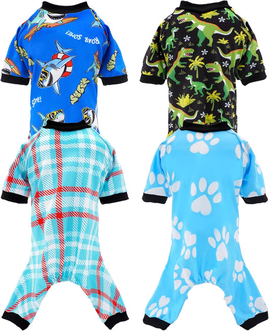 PET SHOW 4 Pack Small Dog Pajamas for Doggies Boy Dinosaur Shark Soft Stretchy PJs Plaid Jumpsuit Puppy Cats Kittens Paw Onesies Outfits with Sleeve Pets Breathable Summer Clothes Costume XS