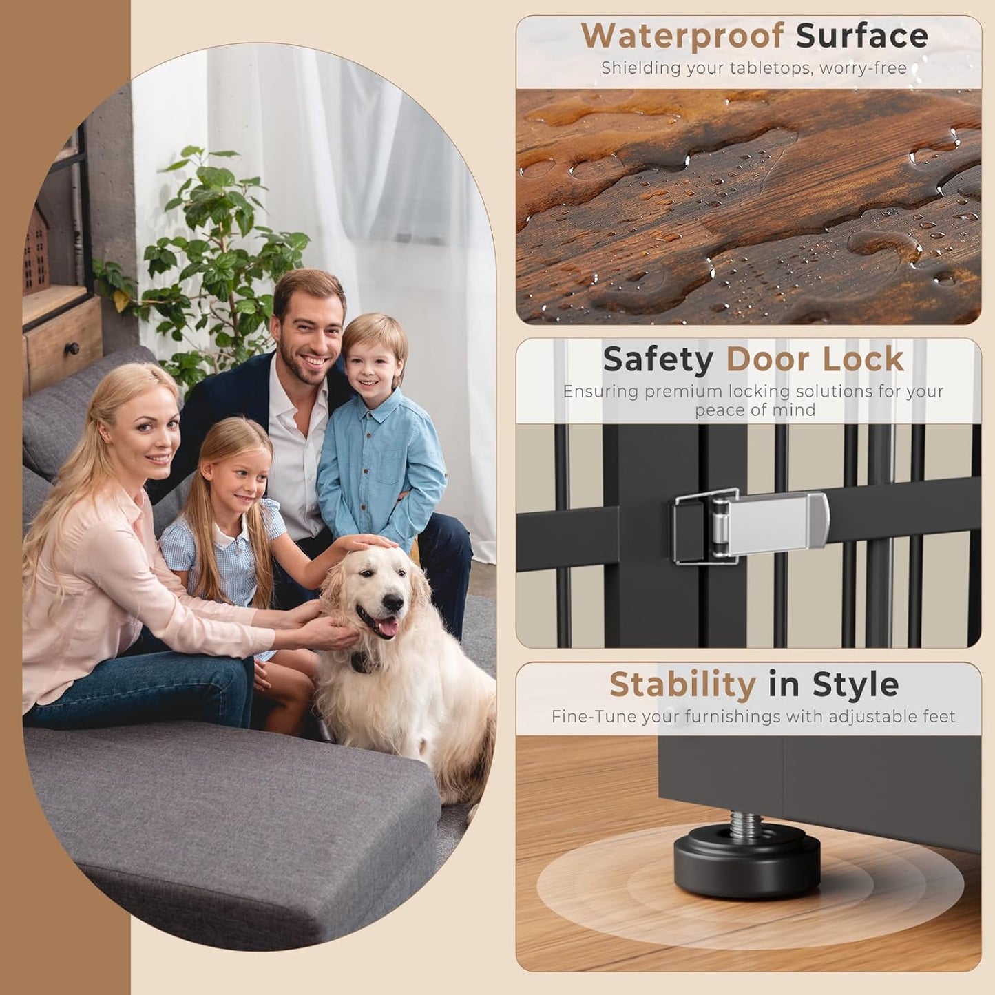 48'' XXL Dog Crate Furniture with 3 Doors,Wooden Crate End Table Heavy Duty Indoor Combination Cage for Medium to Large Dogs, Multiple Units Can be Combined