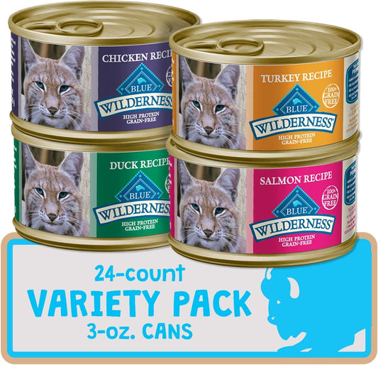 Blue Buffalo Wilderness High Protein Grain Free, Natural Adult Pate Wet Cat Food Variety Pack, Chicken, Salmon, Duck, and Turkey, 3-oz Can, 24 Count