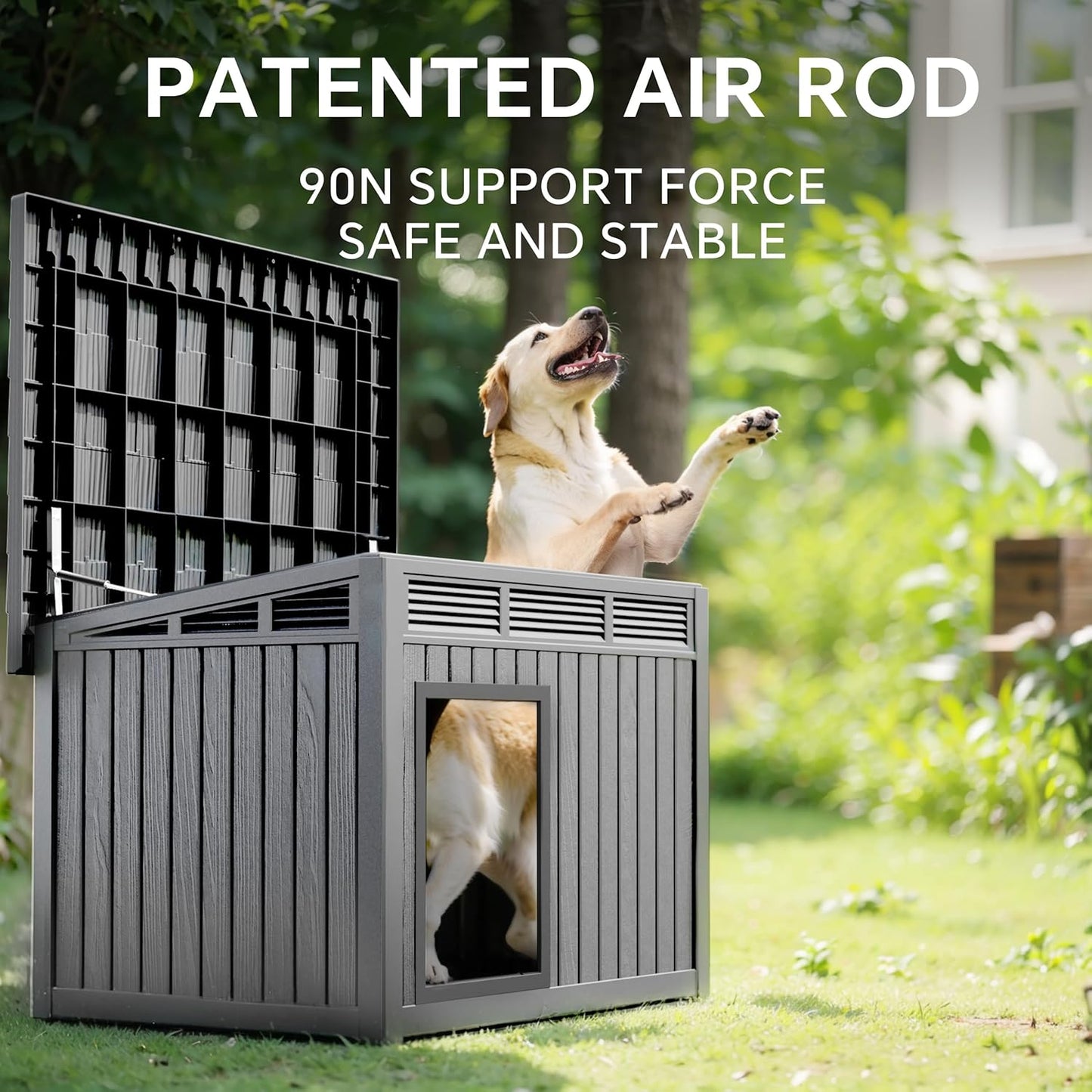 Dog House Indoor Outdoor,Resin Waterproof Puppy Shelter with Air Vents and Elevated Floor,Air Rod on Top to Open,Dog Kennel for Small to Medium Dogs(Grey,32.2 * 25.12 * 24.13)